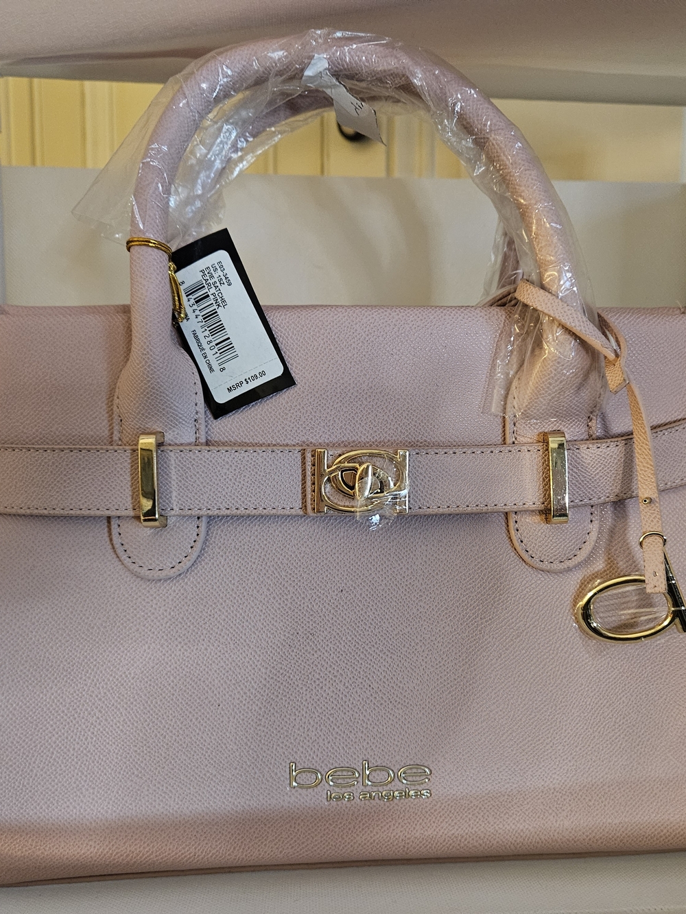 bebe EVIE Light Pink Structured Satchel with Gold Hardware
